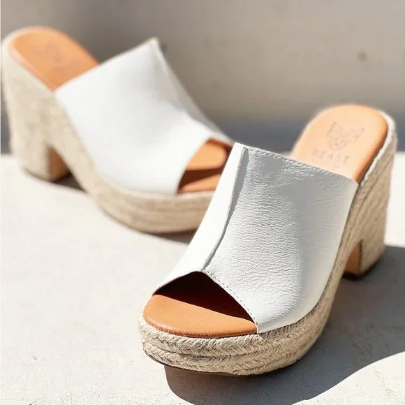 NEW White Faux Leather Espadrille Chunky Platform Wedge Slip On Slides Sandals - Picture 6 of 15